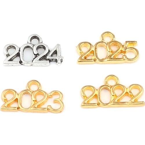DoreenBeads Zinc Based Alloy Year Charms Number Gold/Silver Color Message " 2022-2025 " Pendants DIY Jewelry 17mm x 9mm, 50PCs