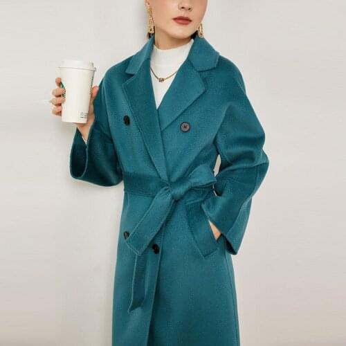 Simple Double Face Cashmere Coat Women Europe America High End Loose Long Over The Knee Double Breasted Handmade Woolen Jacket