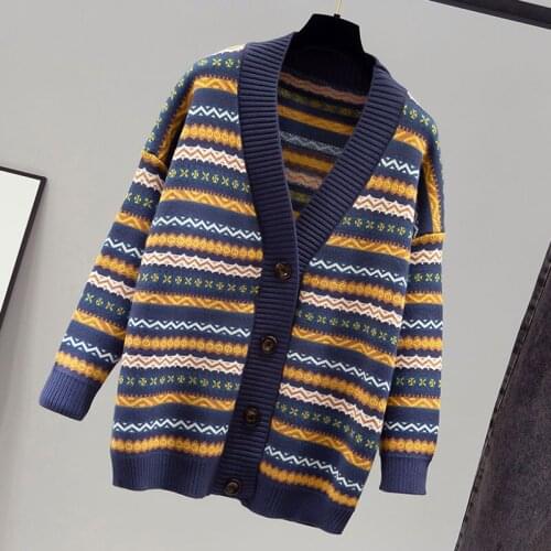 2021 Autumn Winter Fashion Women Classic Stripe V-neck Knitted Button Up Cardigan Korean Sweater Femme Jersey Luxury Clothes