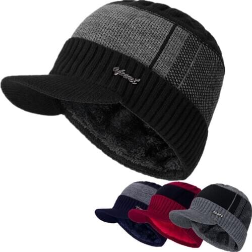 New Unisex Warm Winter Hat With Brim Add Fur Lined Beanie Hat Sports Label Thicken Winter Hats For Men Women Knitted Hat