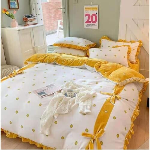 New high gram heavy milk fleece set small fresh lovely wind sweet Bedding Set 4 pieces
