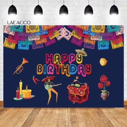 Laeacco Baby Birthday Music Party Photography Backdrop Day of the Dead Customized Skeleton Flower Candle Flower Photo Background