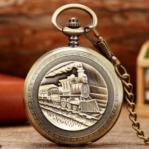 Retro Bronze Train Mechanical Pocket Watch Double Open Cover Vintage Hand-winding Hollow Pendant Clock Fob Chain Steampunk Gifts