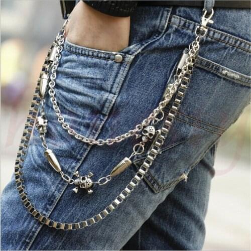 Men Trousers Pants Belt Key Chain Punk Skull Jean Gothic Rock Silver Three 3 Row