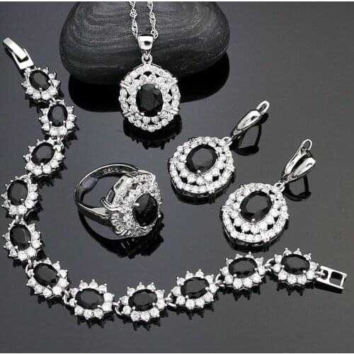 Punk 925 Sterling Silver Jewelry Sets For Women Decoration Black Stone White Crystal Earrings/Pendant/Necklace/Ring/Bracelet
