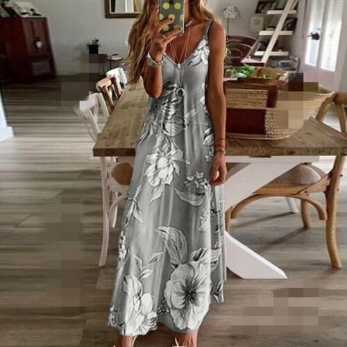 New Women Boho Dress Ladies Halter V Neck Bohemian Dress Floral Sleeveless Long Beachwear Sundress Loose Strap Dresses