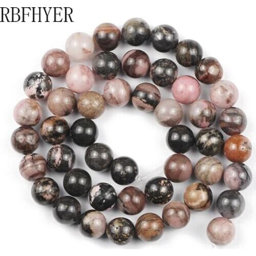 RBFHYER Natural Stone Black Lace Rhodonite Beads Round Loose Spacer Beads for Jewelry Making Bracelet Necklace 4 6 8 10 12mm 15"