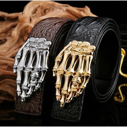 Skeleton Hand Buckle Men Belt High Quality Crocodile Leather Luxury Designer Male Belts Casual Brown Coffee Black Strap Ceinture