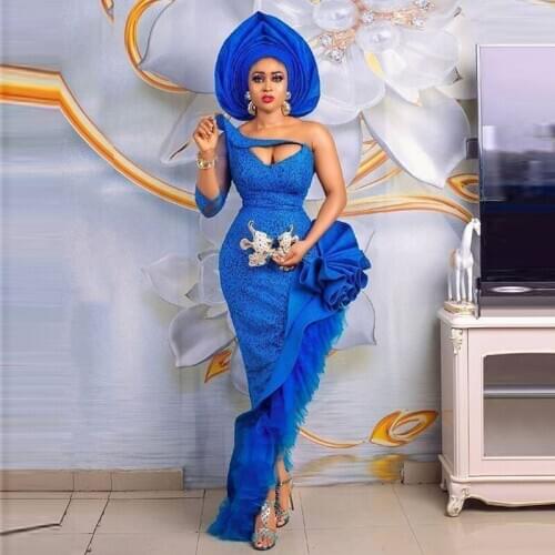 Robal Blue Mermaid Evening Dreses For Saudi Arabic One Shoulder Three Quarter Ruffles Prom Dress Plus Size Party Robe