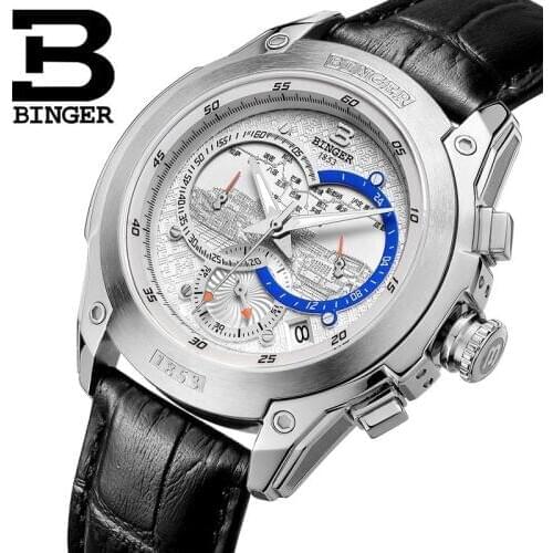 Switzerland mens watch luxury brand Wristwatches BINGER Quartz clock Genuine leather strap Chronograph Diver glowwatch B6013-4