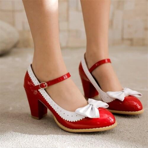 PXELENA Plus Size 34-45 Princess Lolita Mary Janes Shoes Girls Bowtie Ruffles Patent Leather Cosplay Uniform Wedding Pumps Women