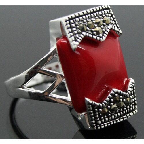 Unsex 12*20mm FANCY RARE VINTAGE RED CORAL BELT 925 MARCASITE RING 7 8 9 10# Genuine Handmade Women Gift word 925