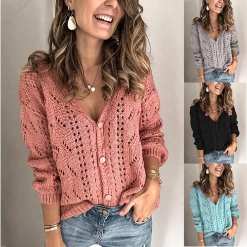 Women Autumn Sweaters Elegant Long Sleeve Knit Sweater Winter Casual Solid Button Women Sexy Hollow Out V-Neck Cardiagns Tops