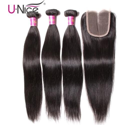 UNice Hair Peruvian Straight Hair 3 Bundles With Closure High Ratio Lace Closure 4/5PCS Swiss Lace Human Hair Weave Remy Hair