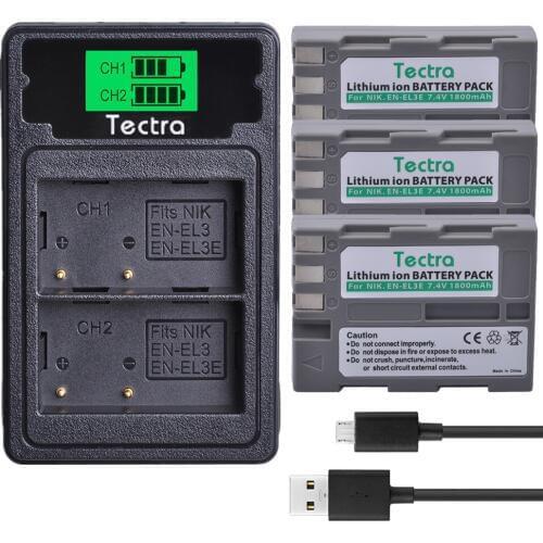 Tecrta 3pc EN-EL3e EN EL3e ENEL3e Camera Battery+LCD Dual Type C port Charger for Nikon D30 D50 D70 D70S D90 D80 D100 D200 D300