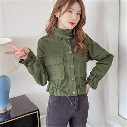 2021 Spring Autumn Fashion New Short Loose Zipper Stand-Up Collar Long-Sleeved Retro Drawstring Tooling Jacket Top Women H116