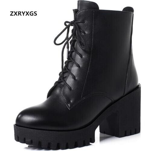 New Autumn Cross Straps Genuine Leather Boots Women Shoes Boots Thick Bottom Non-slip High Heel Shoes Winter Boots Snow Boots