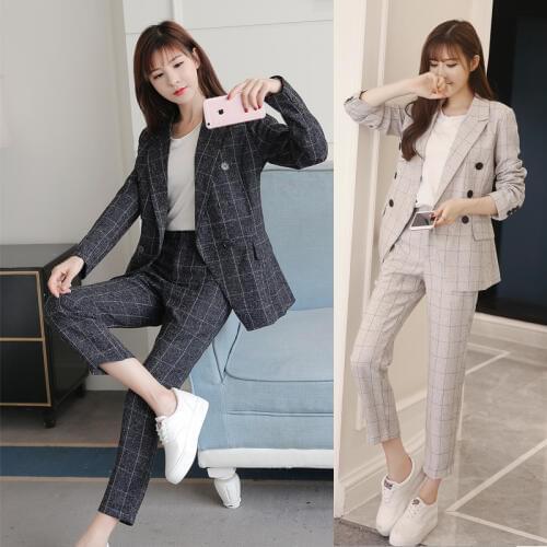 2020 Business Womens Pencil Pants Set 2 Piece Set Navy Plaid Blazer + Pants Office Ladies Corner Jacket Womens Suit