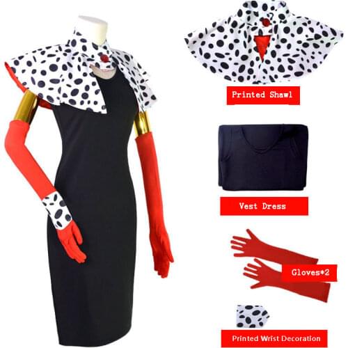 Anime Cruella De Ville Cosplay Costume Ladies Dalmatian Black Dress Womens Fashion Outfit Accessories For Women Halloween Party