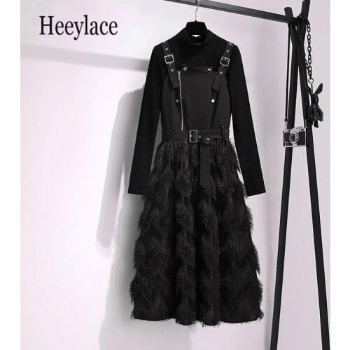 Plus Size Women Autumn Winter Elegant Two Pieces Sets Female Black Knitted Basic Sweater And Spaghetti Straps Dresses Suits 4XL