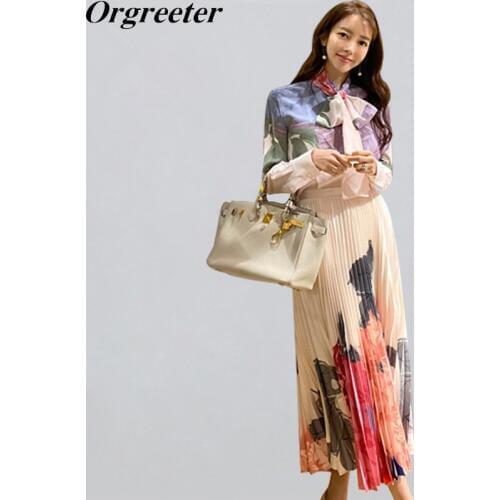 2020 Spring Fall Korean high-end bow tie lace Printed Shirt and High waist Pleated Long Skirt Two-piece set Women OL Casual Suit