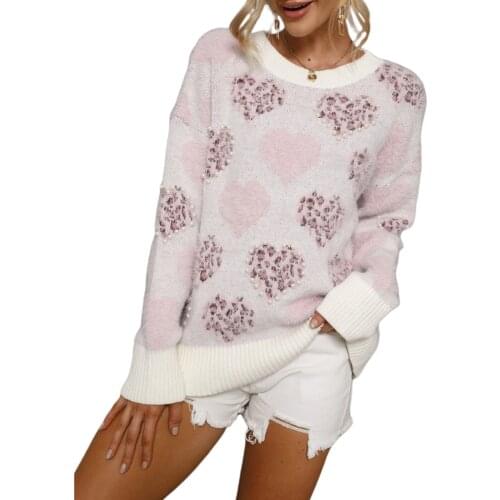 Ladies Autumn And Winter New Loose Casual Round Neck Long Sleeve Love Leopard Pattern Beaded Pearl Pullover Mid-Length Sweater