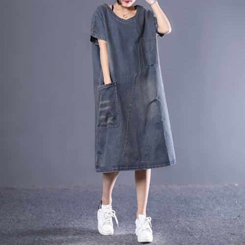 2019 female new summer korean style plus size literary single pocket retro washed short sleeve loose denim dress