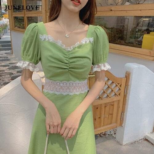 2021 Summer Lace Edge Puff Sleeve Green Party Dress Casual Square Collar Side Split Midi Dress Elegant Folds Slim Woman Dresses