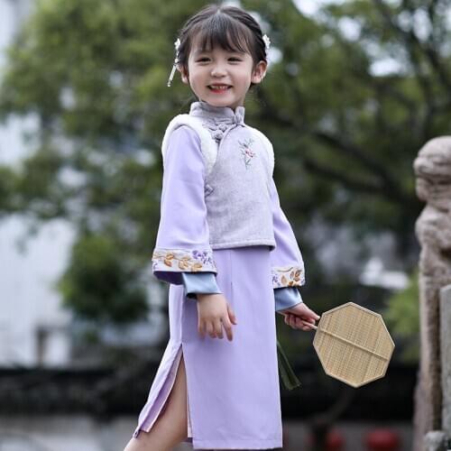 Winter Girls Chinese National Style Sets Cheongsam Dresses+Vest Coat 2PCS Suit Traditional Tang Dynasty Girl Thick Warm Clothes
