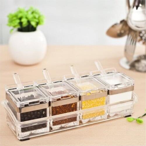 1SET Seasoning Box with Spoon Kitchen Organizer Storage Box Case Food Set Pantry Bottle Spice Legume Grid Four In One Seasoning