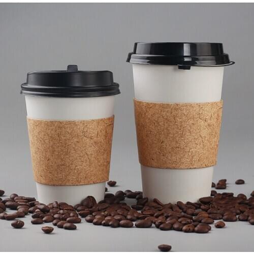 50pcs High quality white disposable coffee cup cold hot drink takeaway packaging paper cup with lid and kraft paper sleeve