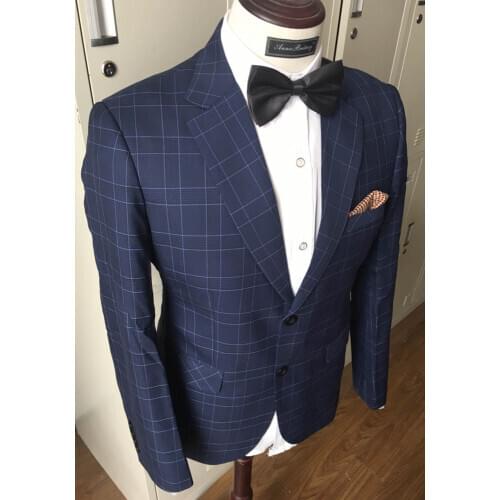 Good Quality 100% Wool Blue Plaid Business Suits for Men Groom Best Man Wedding Prom Tuxedo Custom Jacket Pants 2 Piece Set