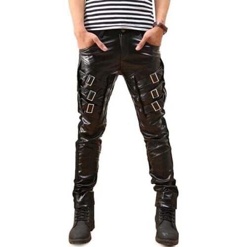 Hot sale Mens Gothic Punk Faux Leather Pants PU Buckles Hip Hop Applique Black Trousers Male Motorcycle pants Pencil pants