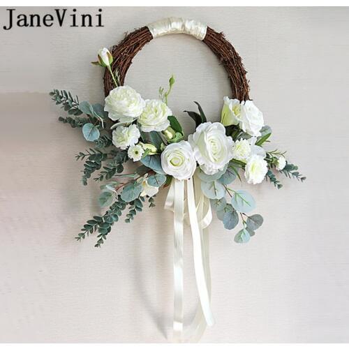 JaneVini Artificial Wedding Flowers Bridal Bouquets Accessories White Bride Flower Wreath Pink Peonies Garland Round Bouquet
