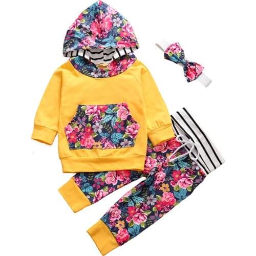 Newborn Baby Girl Clothes Set Autumn Winter Flower Print Baby Outfit Long Sleeve Hooded Tops Pants Headband Infant Clothing Suit