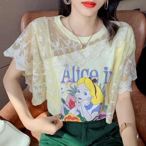 Lace Tee T Shirt Women Summer Top Patchwork Blusa 2021 Korean Style Pink Petal Short Sleeve Shirt Sweet Casual Women Clothes Y2K