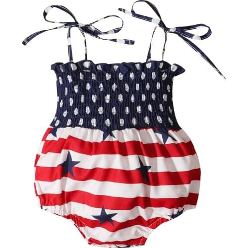 Summer Baby Independence Day Bodysuit Star Stripe Lace-Up Straps Elastic Sleeveless Romper Jumpsuit for Toddler Girls