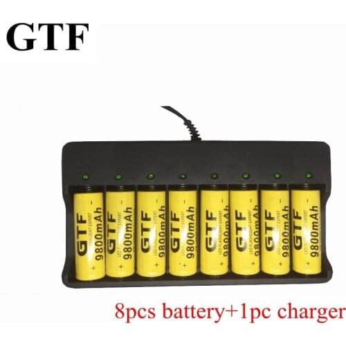 Gtf 8 pces 18650 9800mah 3.7v li-ion battery + 1pc 8 slots battery 8 rechargeable lithium battery independent eua/ue charger