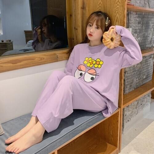 New Womens Two-piece Pajama Set Cute Big Eyes Printed Sisters Suit Home Wear Round Neck Long Sleeve Top + Trousers
