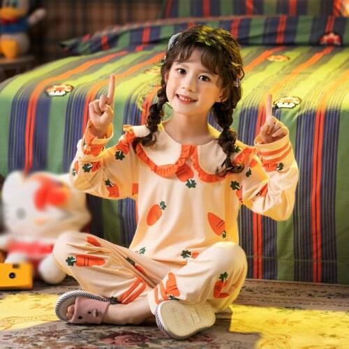 Spring Girls Pajamas Sets 2 4 6 8 10 Years Floral Long Sleeves Tops Bottoms Kids Home Wear Child Fruit Flower Printing Sleepwear
