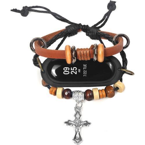 Vintage Leather Beading Bracelet Strap Weave Braided Smart Watch Replacement Watch Band For Xiaomi Mi Band 3