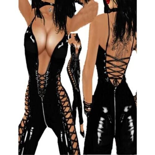 Backless Women Sexy Lingerie Latex Catsuit Costume Lingerie Sexy Hot Erotic Costumes PVC Leather Bodysuit Black Jumpsuit