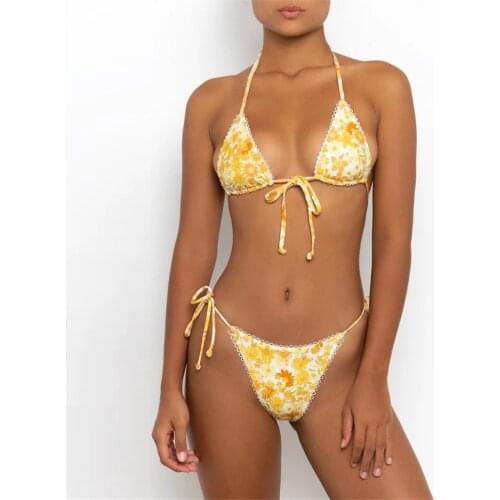 Sexy Yellow Floral Print Bikini 2021 Women Halter Front Tie Push Up Bra Swimsuit Brazilian Bathers Bathing Suit Thong Swimwear