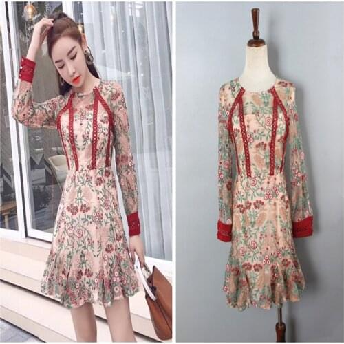 Sexy perspective lace New heavy industry Embroidery Flower slim flounce fish tail dress