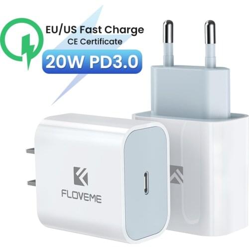 FLOVEME 20W PD Quick Charge For iPhone 12 Mini Pro Max 11 Type C Fast Charger for Xiaomi Samsung UK EU Plug Travel Phone Charger