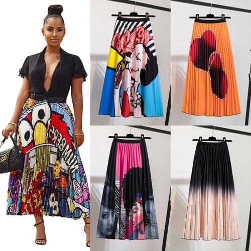 Pleated Skirt Women Summer 2021 New Print Cartoon Pattern Elastic Women Skirt Big Swing Party Holiday high waist skirts