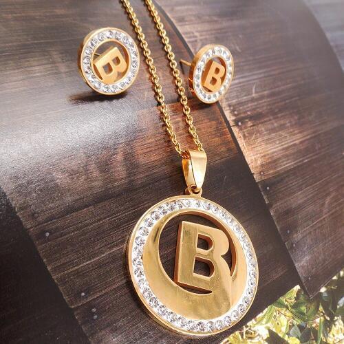 New Cute Women 316L Stainless Steel Jewelry Party,B pendant B Rhinestone Earrings Pendant Necklace set