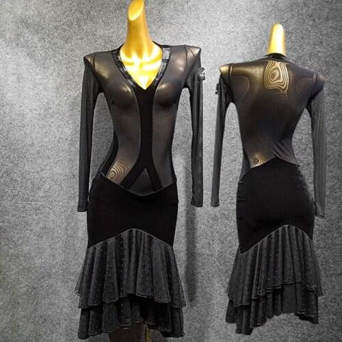 Latin Dance Dress New Design Women Black Autumn Long Sleeve Dress Salsa Performing Dress Sexy Competition Latin Dress VDB1112