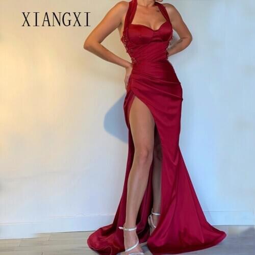 Abendkleider 2020 Burgundy Evening Dress Halter Sweetheart High Split Floor Length Evening Dresses Long Vestido De Festa