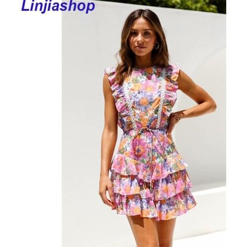 2021 Summer Women Elegant Floral Mini Dress Ladies Ruffle Sleeveless Layered Dresses Party Beach Casual Vintage Dress Female